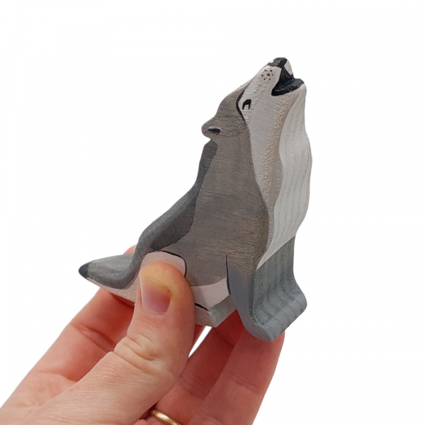 Grey Wolf Wooden Figure in Hand - by Good Shepherd Toys